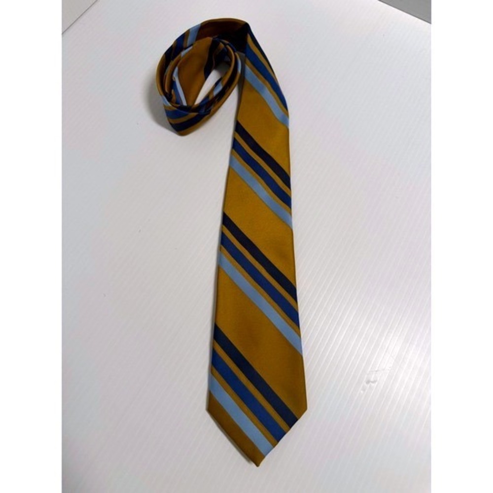 Damon Mens Striped Necktie Gold Navy Light Blue Classic Silk Blend Tie